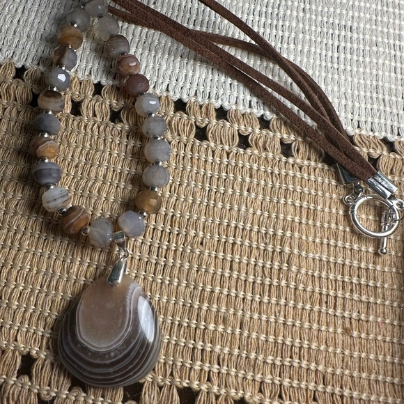 Botswana Agate Pendant and Beaded Necklace on Brown Faux Leather Double Rope - Picture 10 of 15